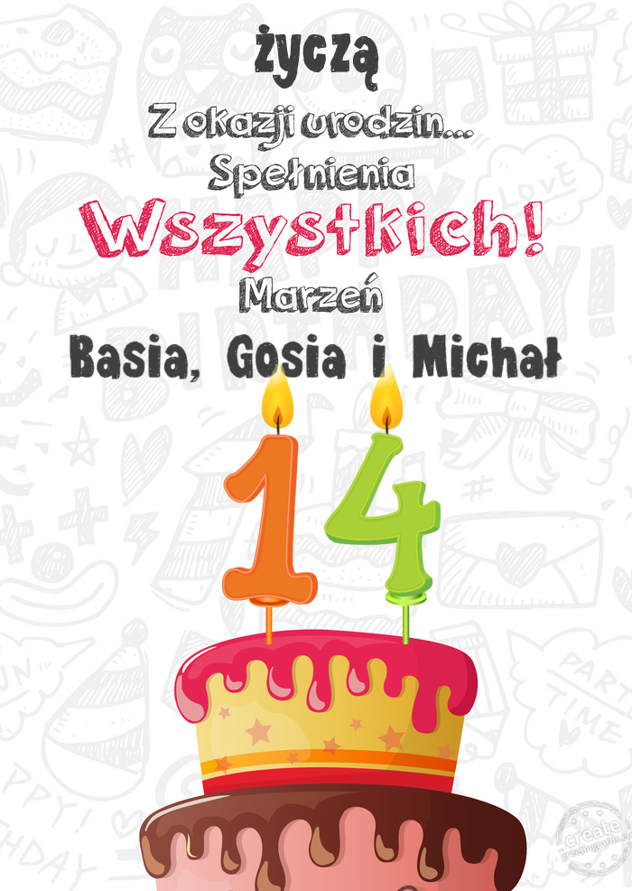 Życzą Kartka z okazji 14 urodzin, Basia, Gosia i Michał