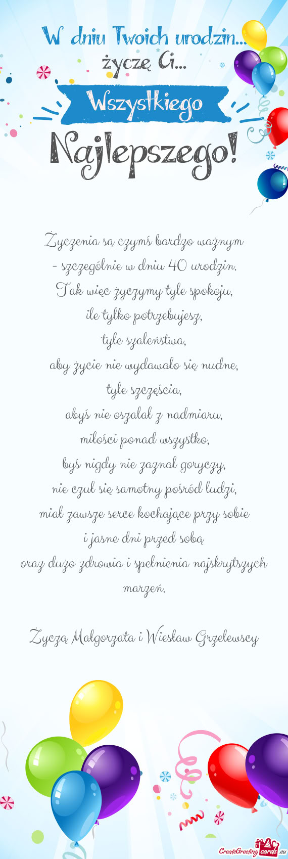 Życzą Małgorzata i Wiesław Grzelewscy