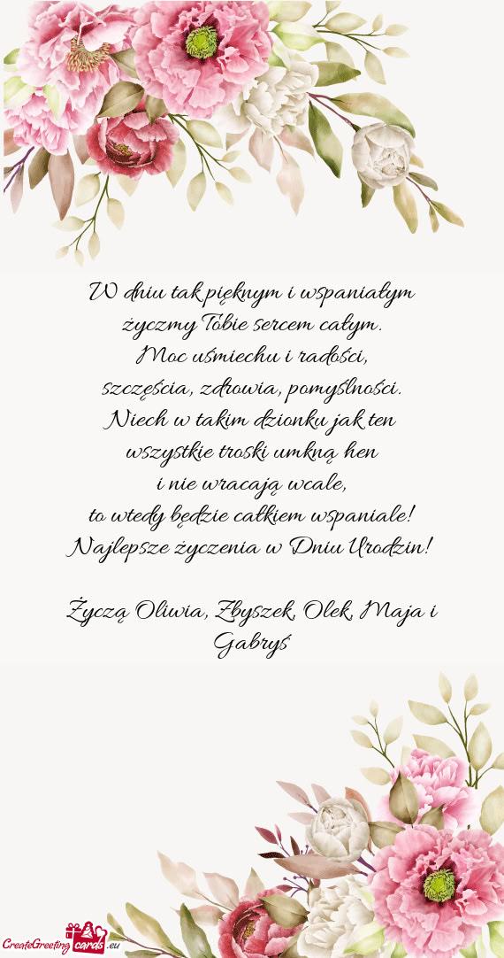 Życzą Oliwia, Zbyszek, Olek, Maja i Gabryś