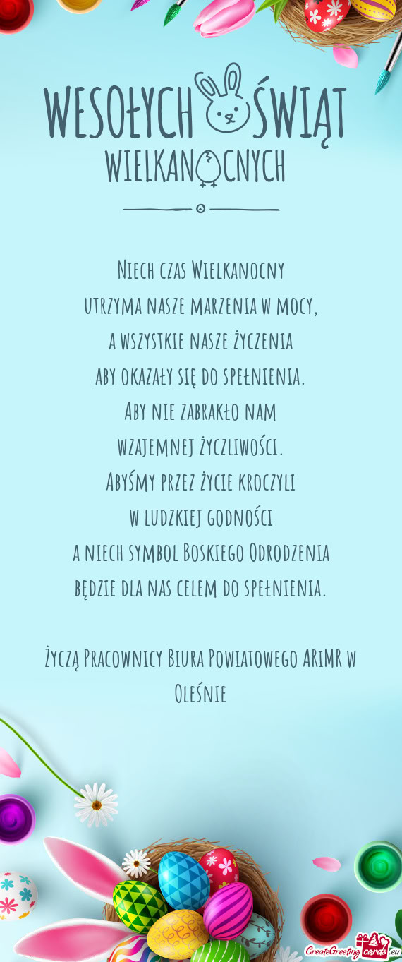 Życzą Pracownicy Biura Powiatowego ARiMR w Oleśnie