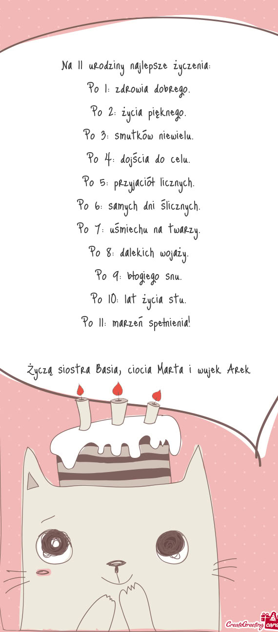 Życzą siostra Basia, ciocia Marta i wujek Arek