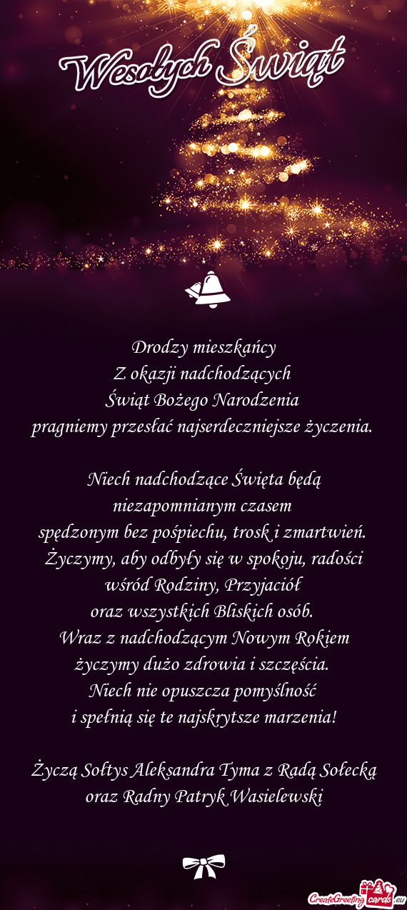 Życzą Sołtys Aleksandra Tyma z Radą Sołecką oraz Radny Patryk Wasielewski