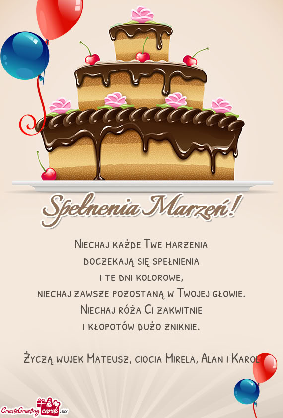 Życzą wujek Mateusz, ciocia Mirela, Alan i Karol