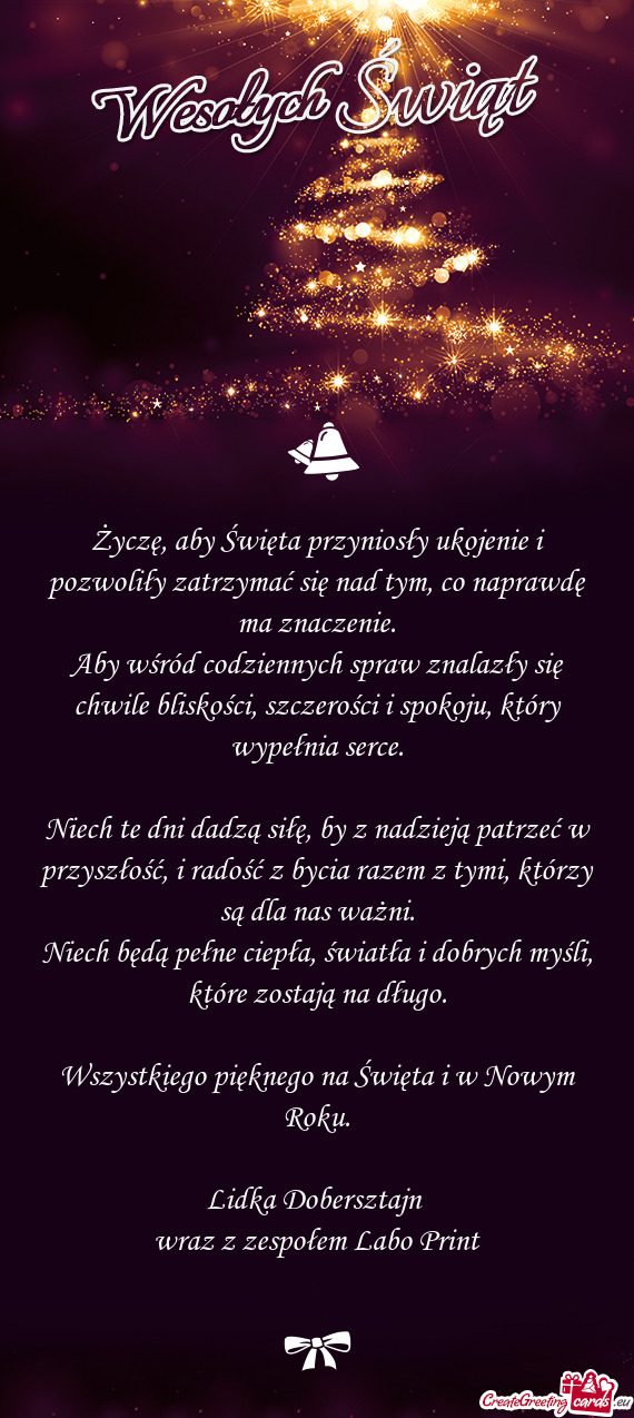 Życzę, aby Święta przyniosły ukojenie i pozwoliły zatrzymać się nad tym, co naprawdę ma zna