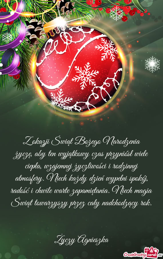 Życzę, aby ten wyjątkowy czas przyniósł wiele ciepła, wzajemnej życzliwości i rodzinnej atmo
