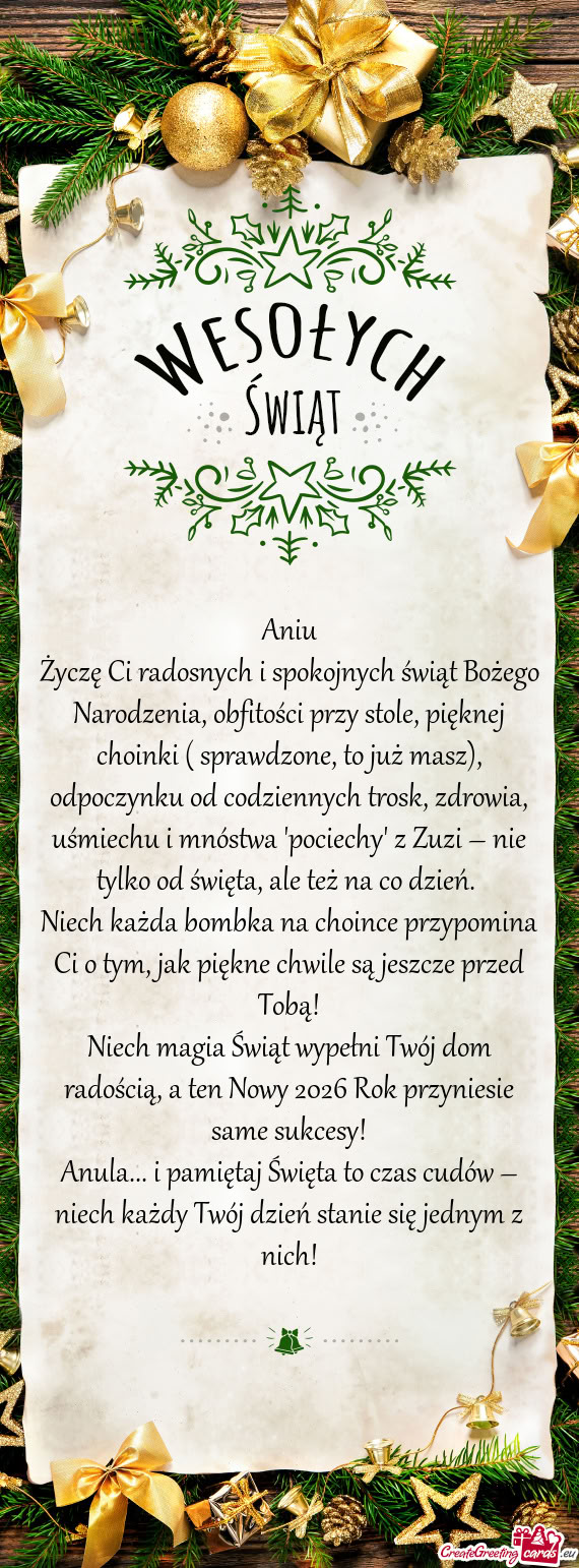 Życzę Ci radosnych i spokojnych świąt Bożego Narodzenia, obfitości przy stole, pięknej choink