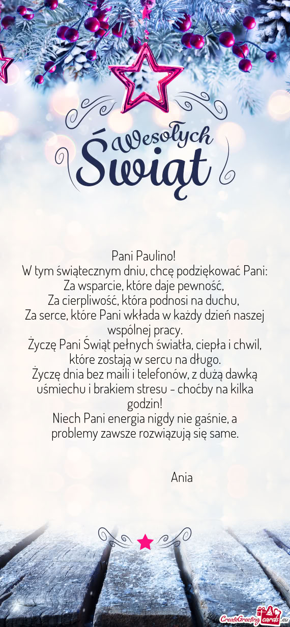 Życzę Pani Świąt pełnych światła, ciepła i chwil, które zostają w sercu na długo