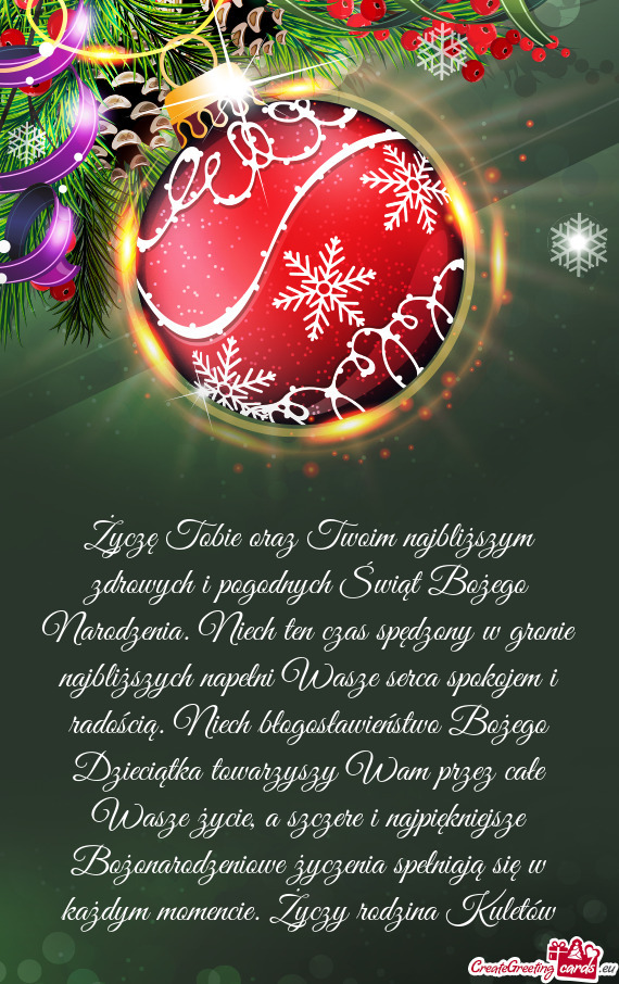 Życzę Tobie oraz Twoim najbliższym zdrowych i pogodnych Świąt Bożego Narodzenia. Niech ten cza
