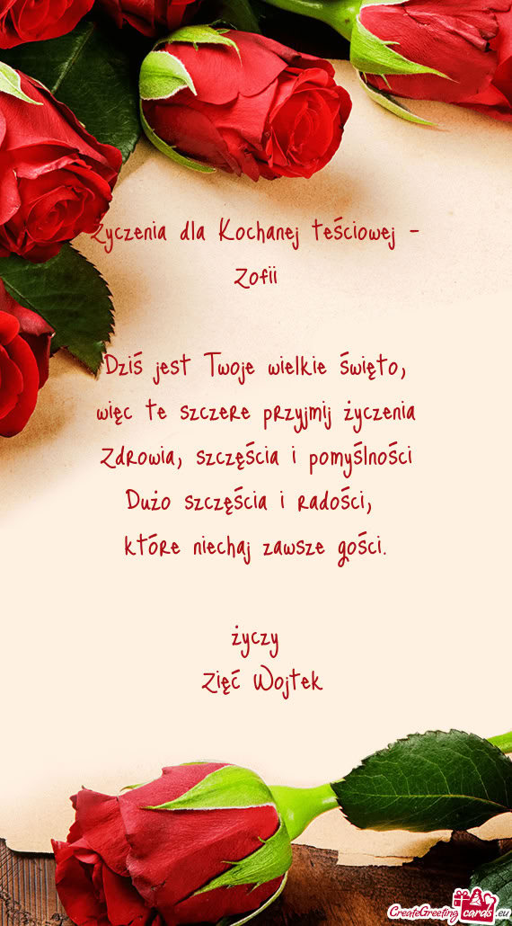 Życzenia dla Kochanej teściowej - Zofii