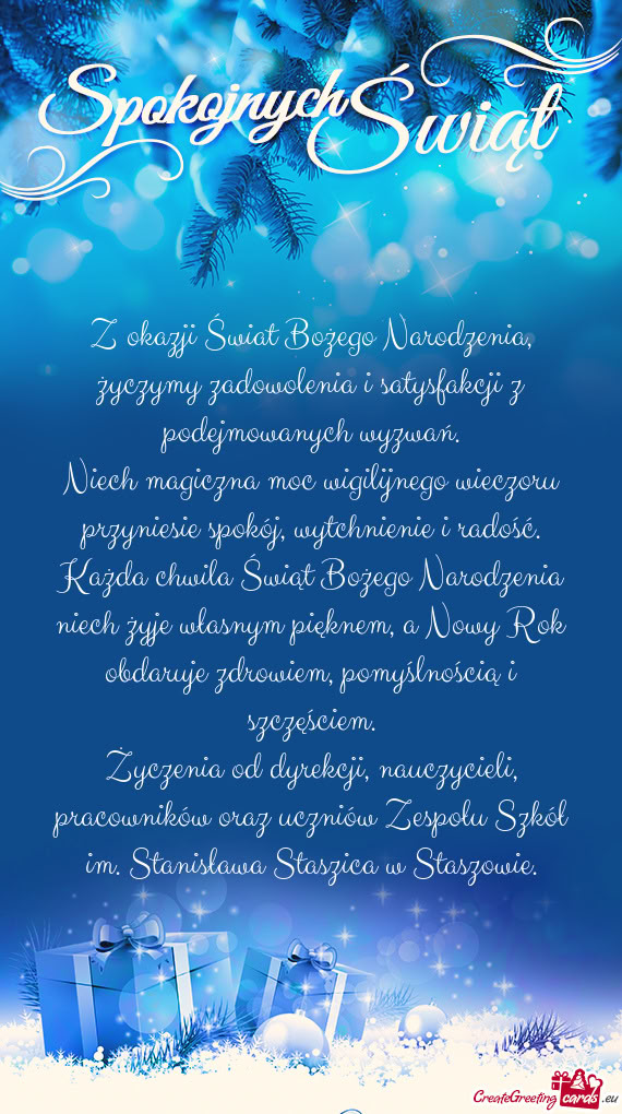 Życzenia od dyrekcji, nauczycieli, pracowników oraz uczniów Zespołu Szkół im. Stanisława Stas