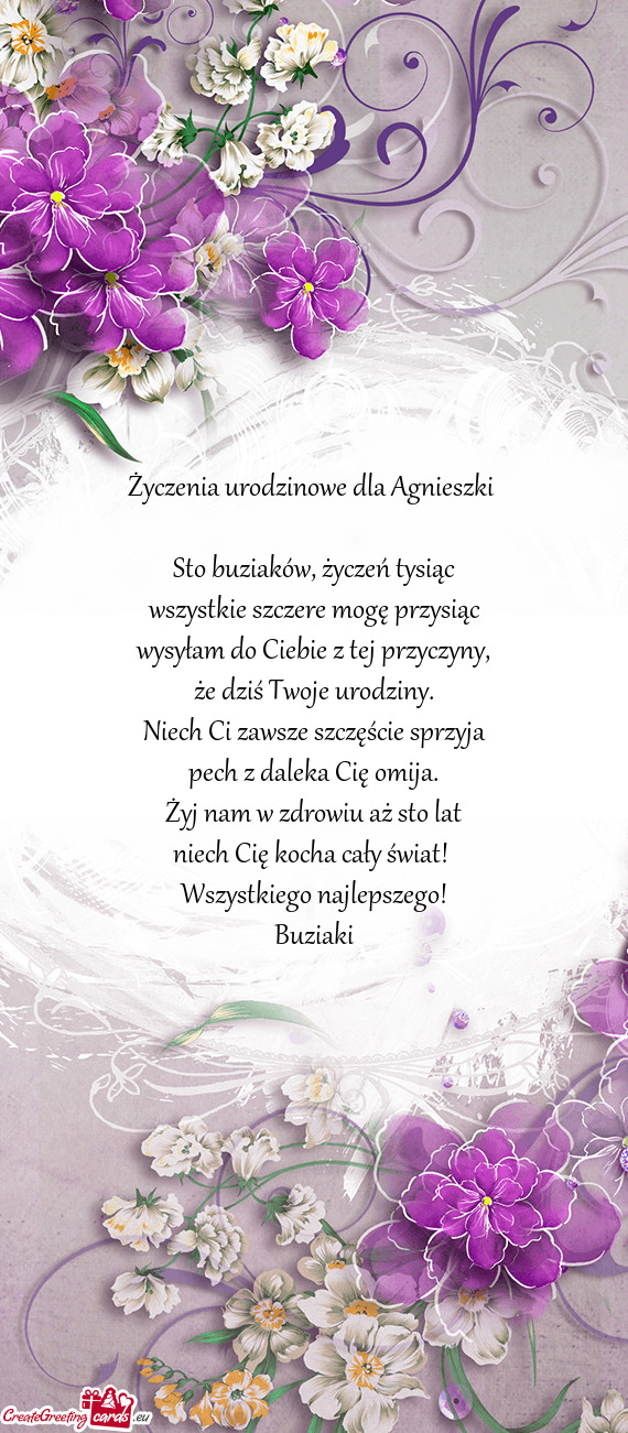 Życzenia urodzinowe dla Agnieszki  Sto buziaków