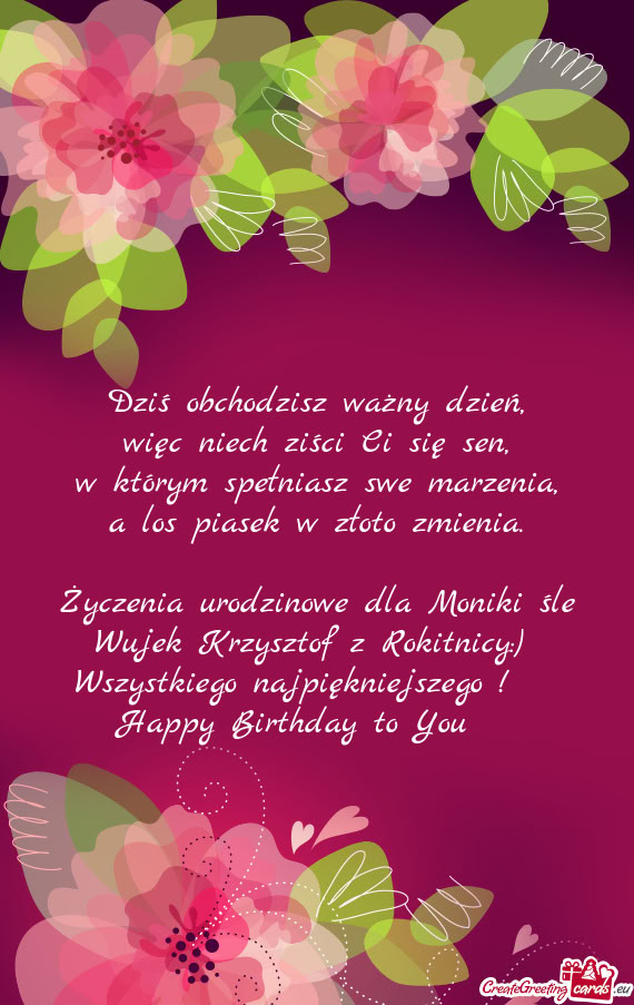 Życzenia urodzinowe dla Moniki śle