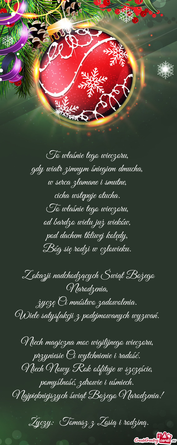 Życzy: Tomasz z Zosią i rodziną