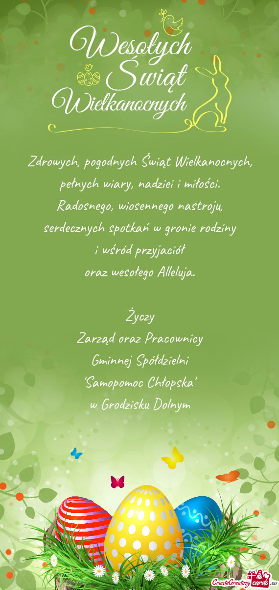 Życzy Zarząd oraz Pracownicy Gminnej Spółdzielni "Samopomoc Chłopska" w Grodzisku Dolny
