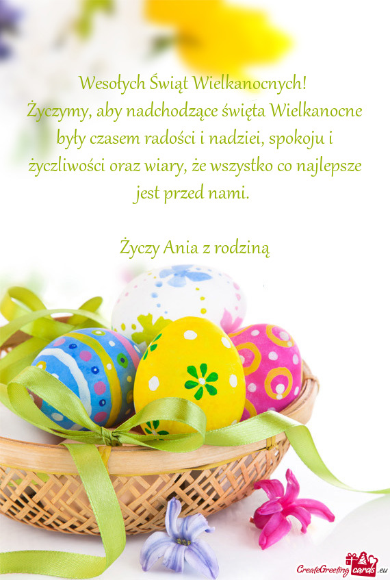 Życzymy, aby nadchodzące święta Wielkanocne były czasem radości i nadziei, spokoju i życzliwo