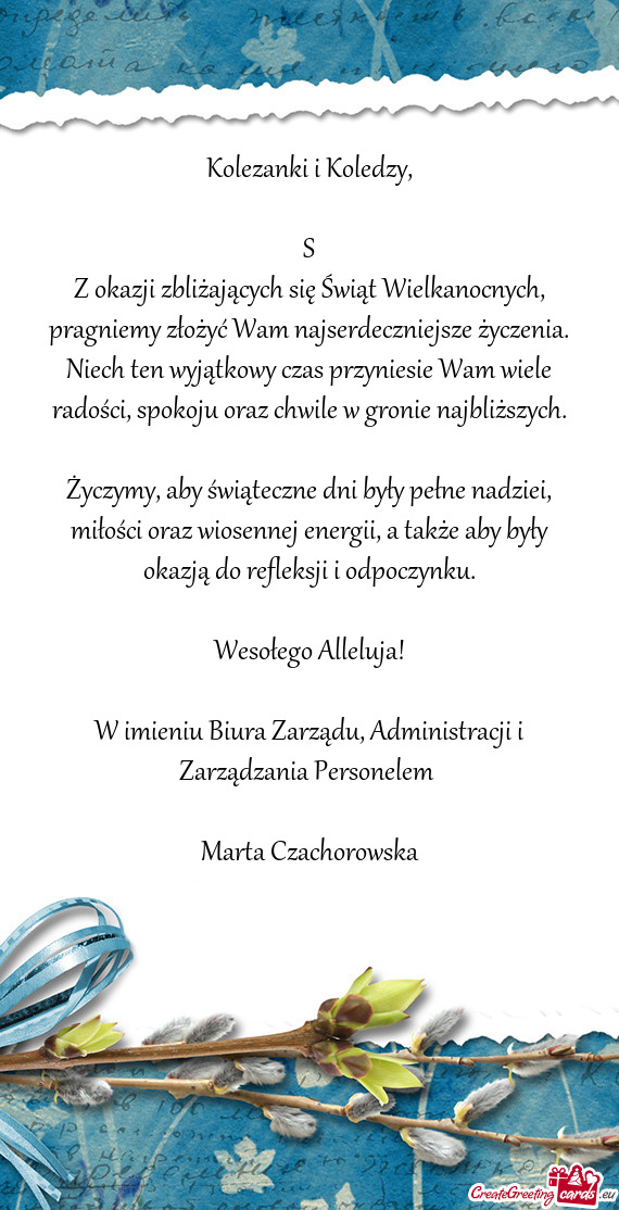 Życzymy, aby świąteczne dni były pełne nadziei, miłości oraz wiosennej energii, a także aby
