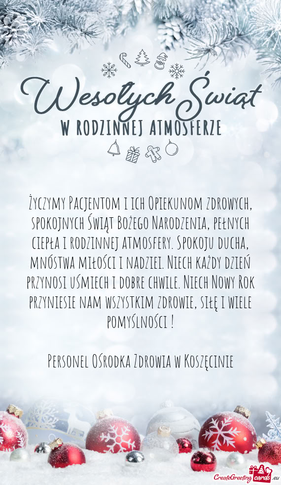 Życzymy Pacjentom i ich Opiekunom zdrowych, spokojnych Świąt Bożego Narodzenia, pełnych ciepła