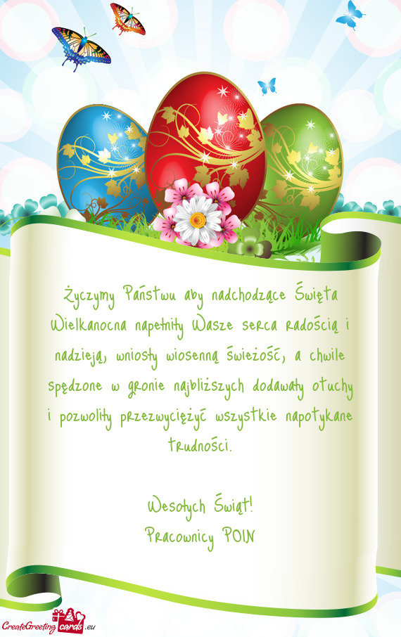 Życzymy Państwu aby nadchodzące Święta Wielkanocna napełniły Wasze serca radością i nadziej