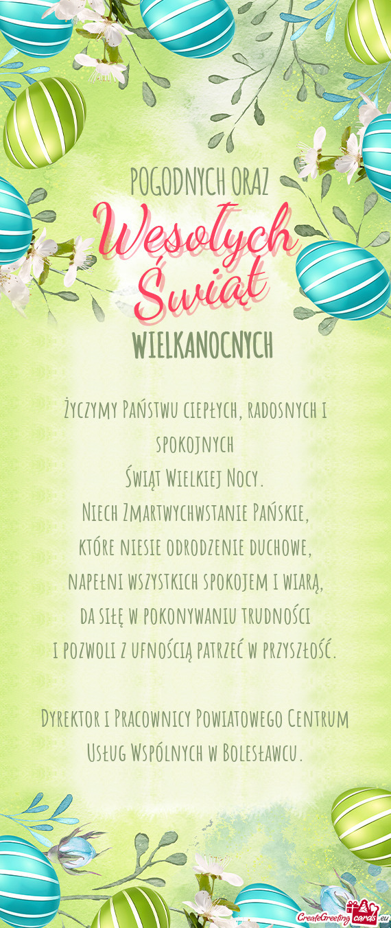 Życzymy Państwu ciepłych, radosnych i spokojnych  Świąt Wielkiej Nocy.