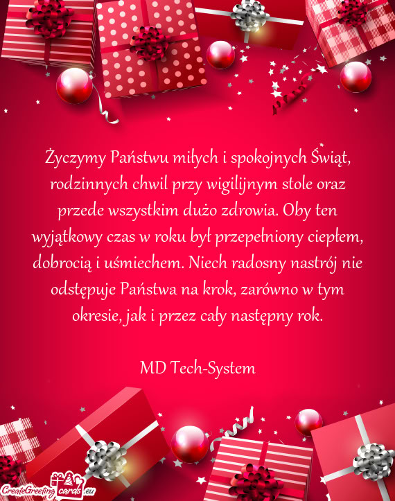 Życzymy Państwu miłych i spokojnych Świąt, rodzinnych chwil przy wigilijnym stole oraz przede w