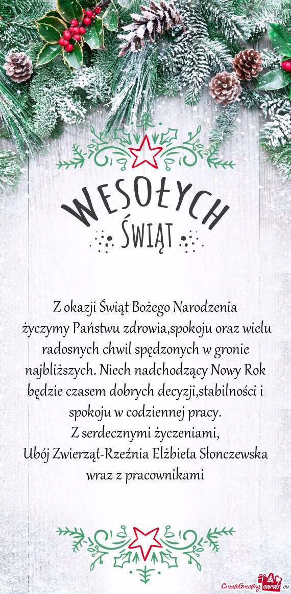 Życzymy Państwu zdrowia,spokoju oraz wielu radosnych chwil spędzonych w gronie najbliższych. Ni