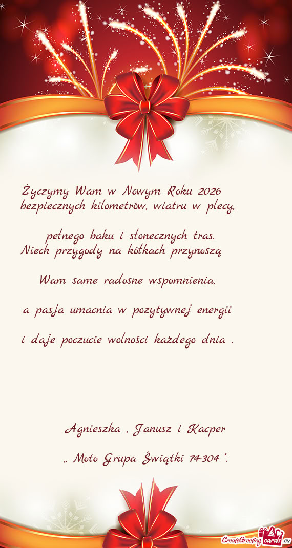 Życzymy Wam w Nowym Roku 2026   bezpiecznych kilometrów, wiatru w plecy,   pełnego