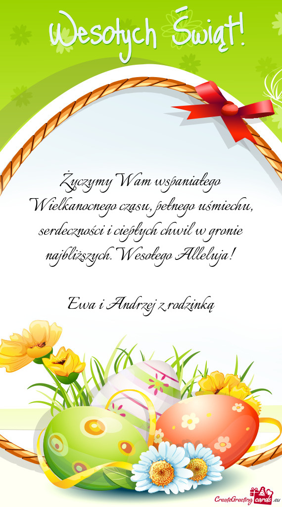 Życzymy Wam wspaniałego Wielkanocnego czasu, pełnego uśmiechu, serdeczności i ciepłych chwil w
