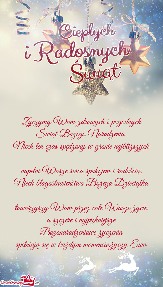 Życzymy Wam zdrowych i pogodnych  Świąt Bożego Narodzenia.  Niech ten czas