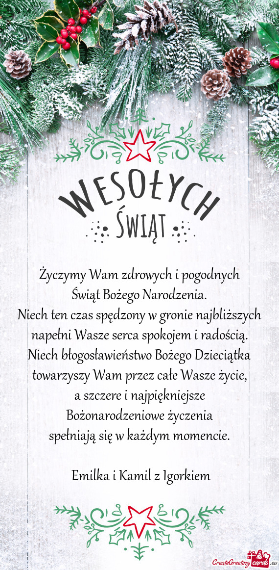 Życzymy Wam zdrowych i pogodnych  Świąt Bożego Narodzenia.  Niech ten czas