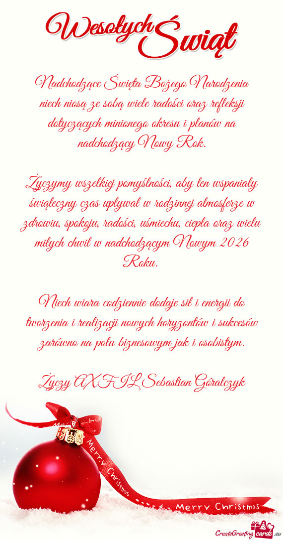 Życzymy wszelkiej pomyślności, aby ten wspaniały świąteczny czas upływał w rodzinnej atmosfe